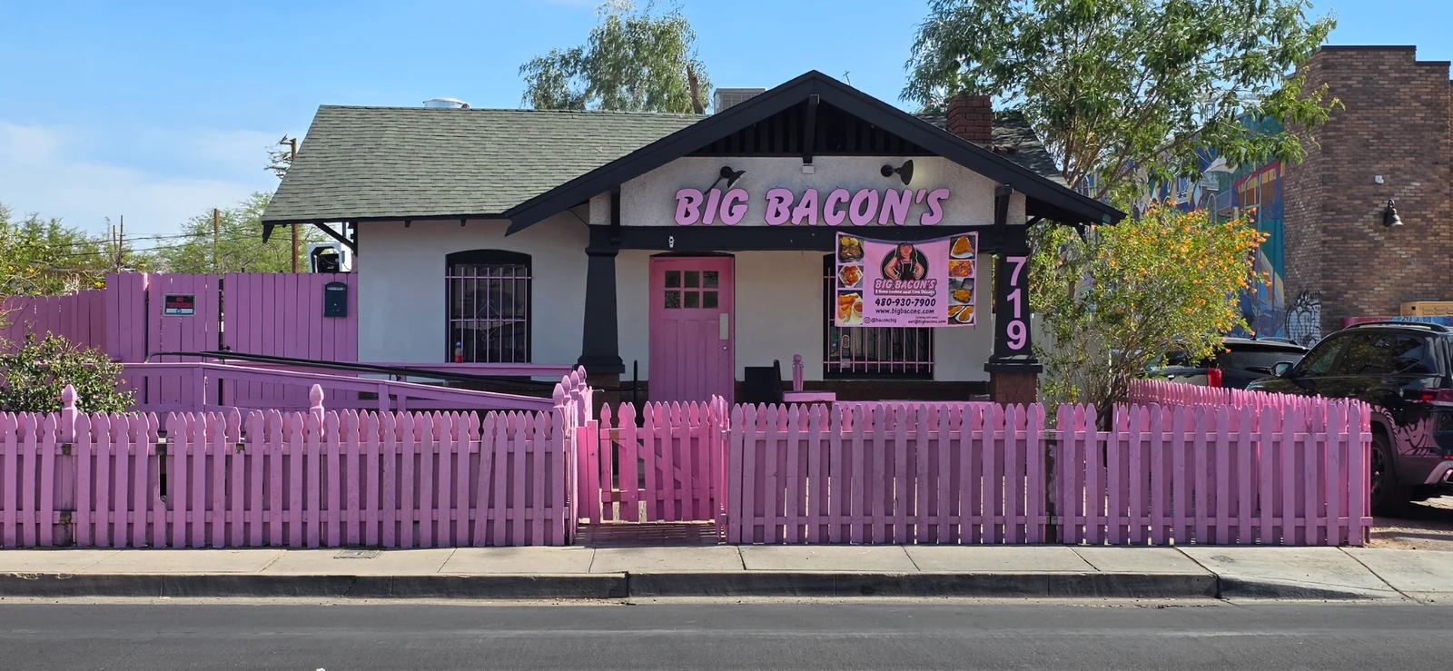 Big Bacon's pink storefront on E Roosevelt St in Phoenix, Arizona